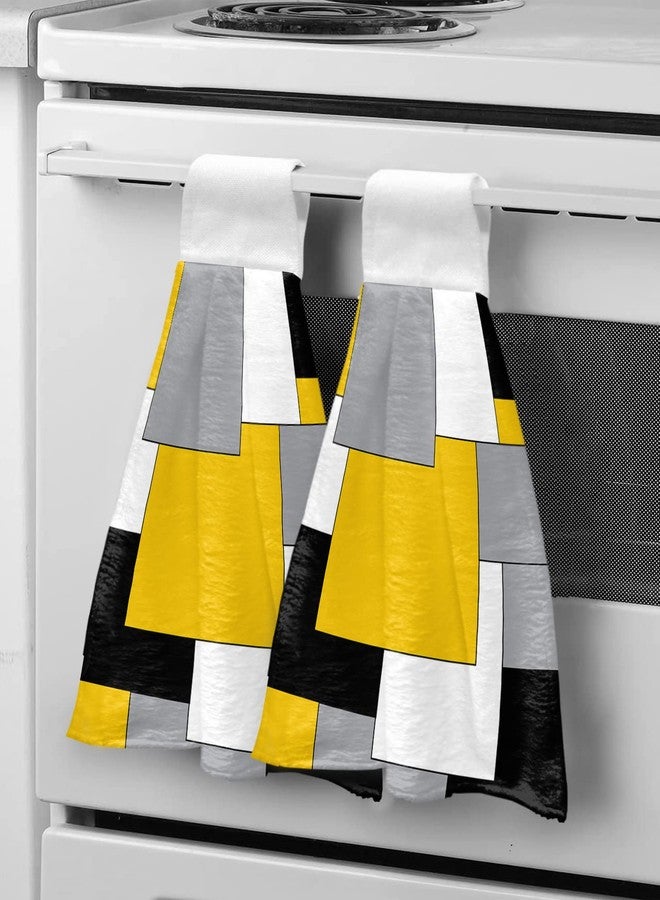 Jolunifun Yellow and Black Modern Color Block Kitchen Hand Towels with Hanging Loops,Geometric Gray White Patckwork Plaid Super Soft Thick Fingertip Dry Microfiber Tie Dish Towel Cleaning Washcloth Set of 2 - Image 4